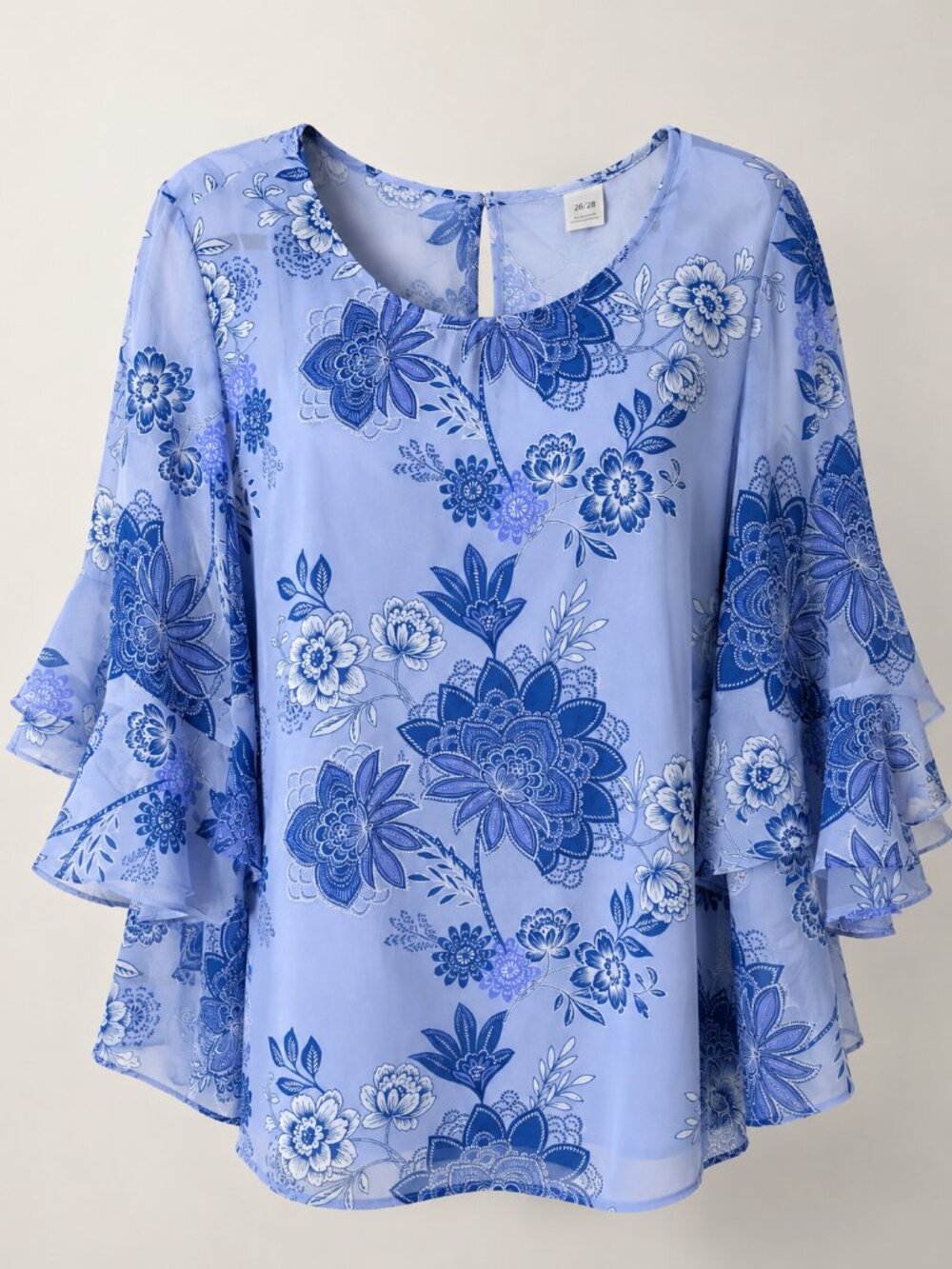 Avenue Studio 26/28 Blue Floral Bell Sleeve Blouse Plus Size Sheer Overlay Top